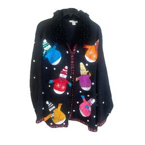 Vintage Christmas Sweater Dress Barn Woman Plus 22/24 Black Cardigan Snowmen